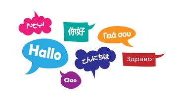 "Hallo" in verschiedenen Sprachen in Sprechblasen