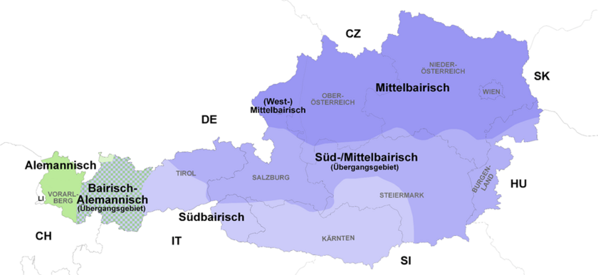 Karte der Dialektregionen in Österreich