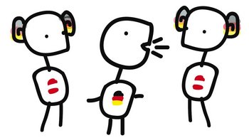 Ein Strichmännchen mit Deutschlandflagge spricht zu zwei mit Österreichflagge. Ihre Ohren haben die Farben der Deutschlandflagge.