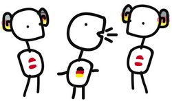 Ein Strichmännchen mit Deutschlandflagge spricht zu zwei mit Österreichflagge. Ihre Ohren haben die Farben der Deutschlandflagge.